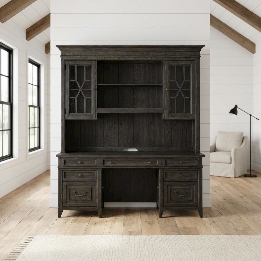 Rustic Rubberwood Credenza and Hutch with Split Heart White Oak Veneer