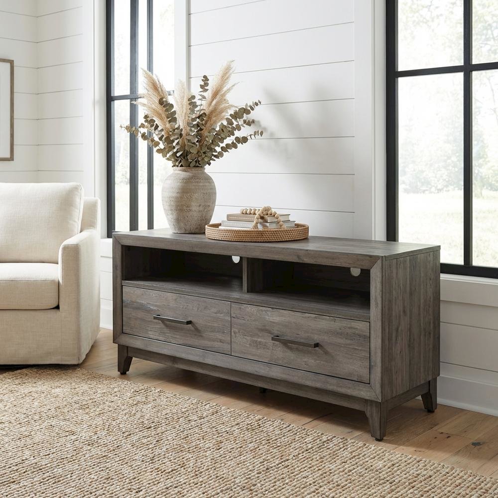 Contemporary Driftwood Gray TV Console in Solid and Manufactured Wood