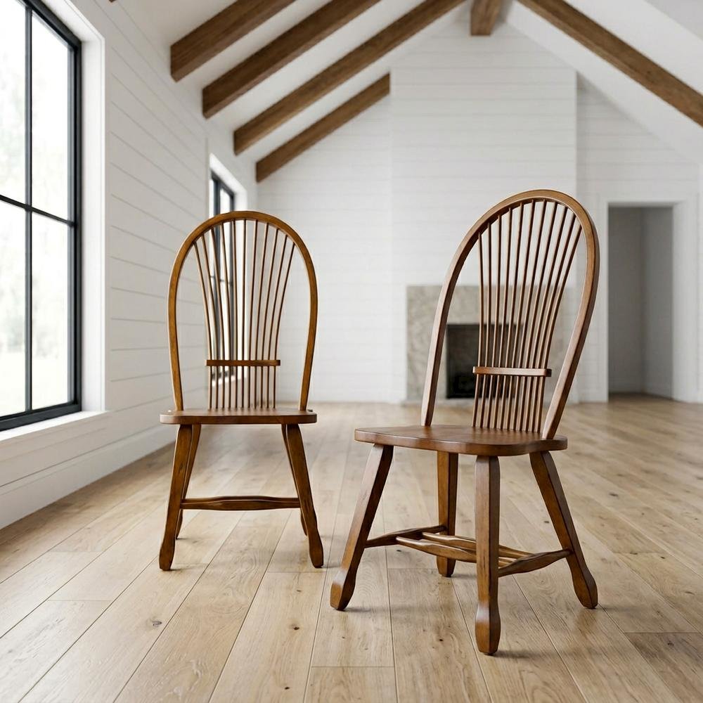 Oak Veneer Sheaf-Back Wood Dining Chairs, Brown, Set of 2
