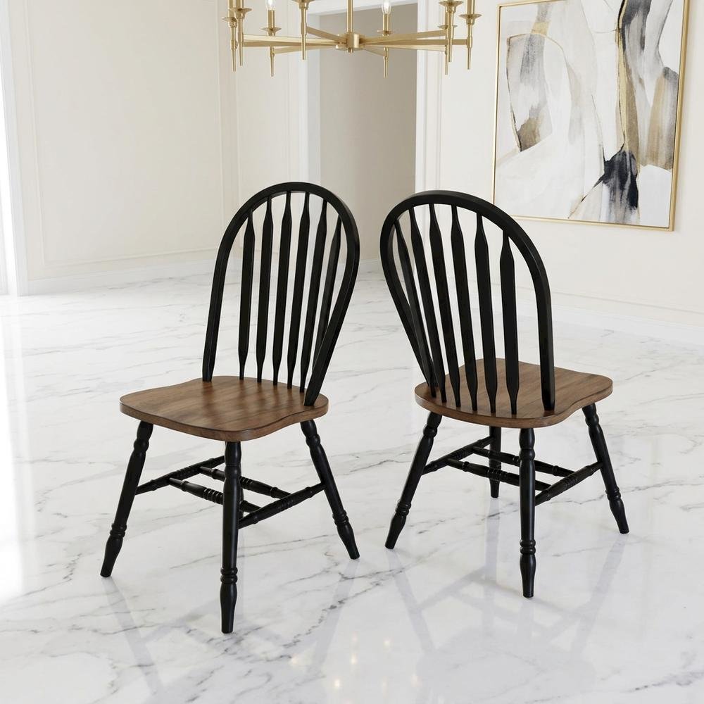 Rubberwood Solid Wood Windsor Spindle Dining Chairs for Kitchen, Set of 2