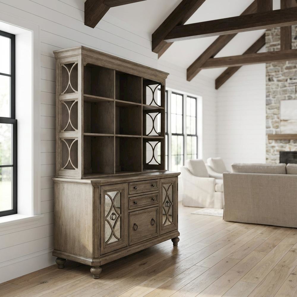 Brown Credenza and Hutch Set with Cottage Style Compact Storage