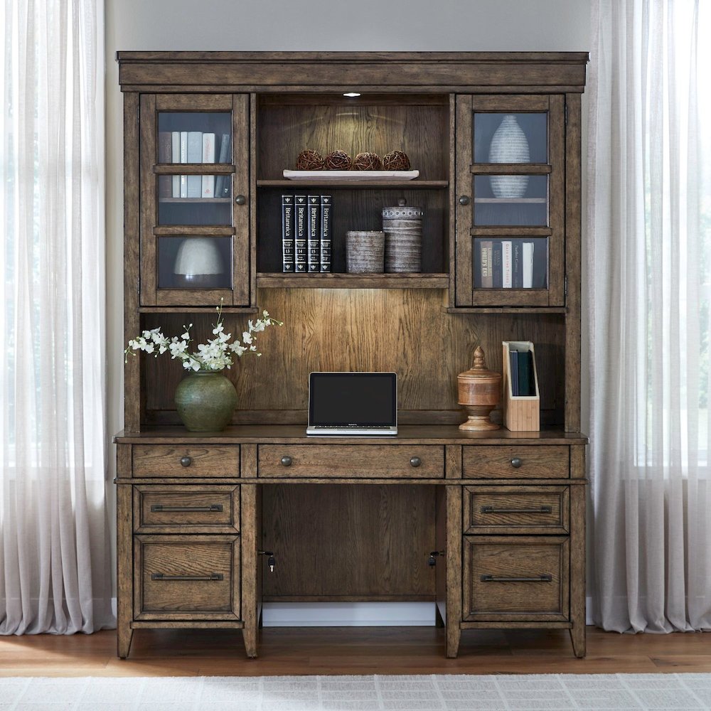 Credenza & Hutch with LED Light, Keyboard Tray - Amber Brown Oak Wood