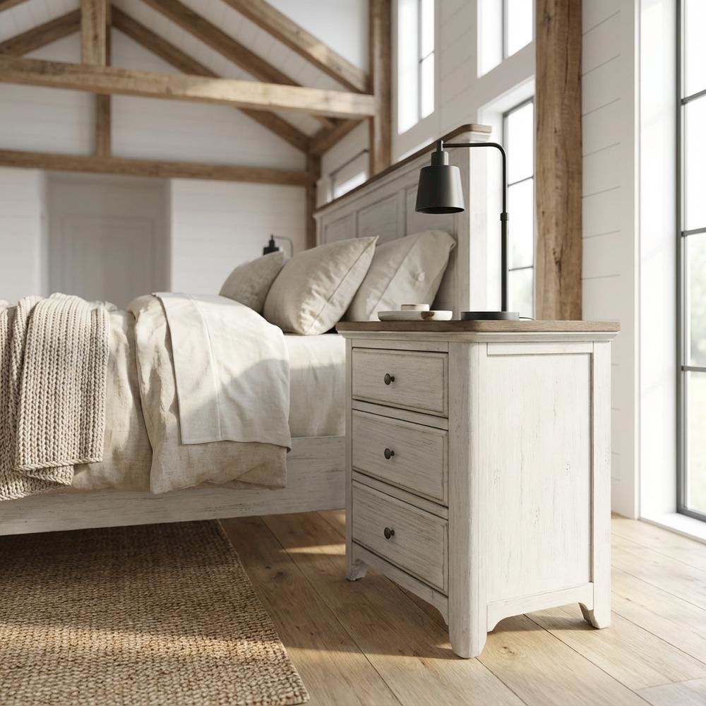 White Farmhouse Nightstand with Charging Station and Storage