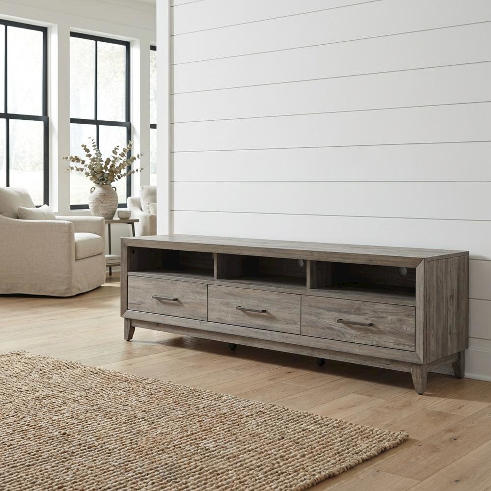 Driftwood gray TV console, contemporary style, wood construction, 76" W