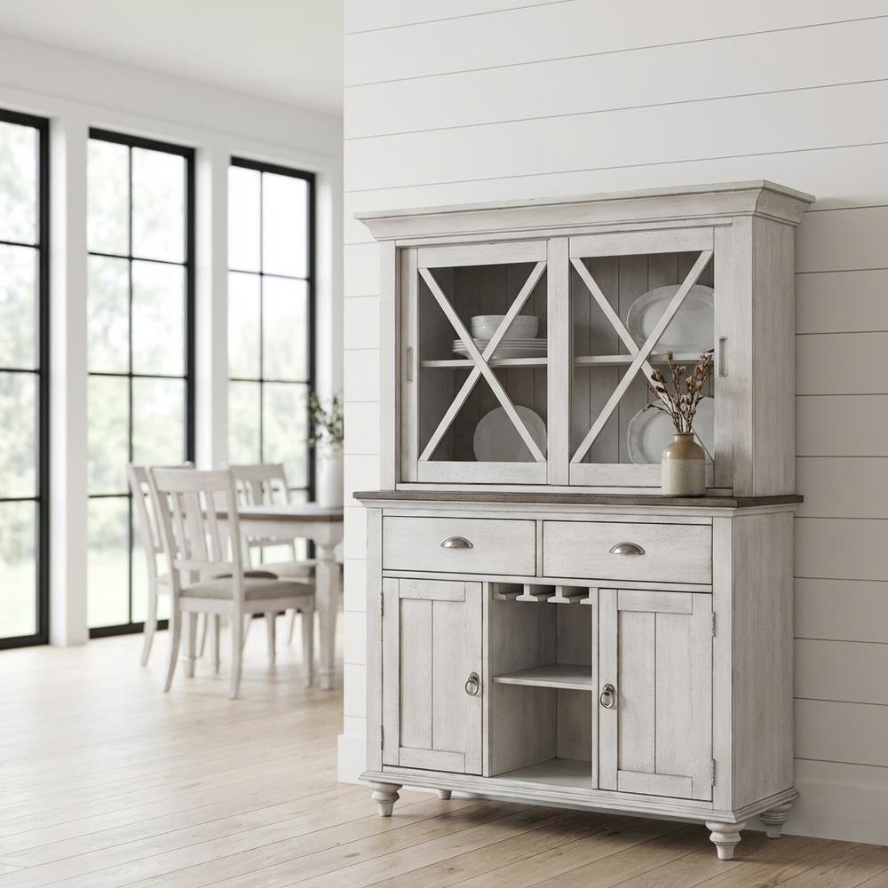 Traditional Rubberwood Hutch & Buffet in Pine Veneers for Dining Room Storage