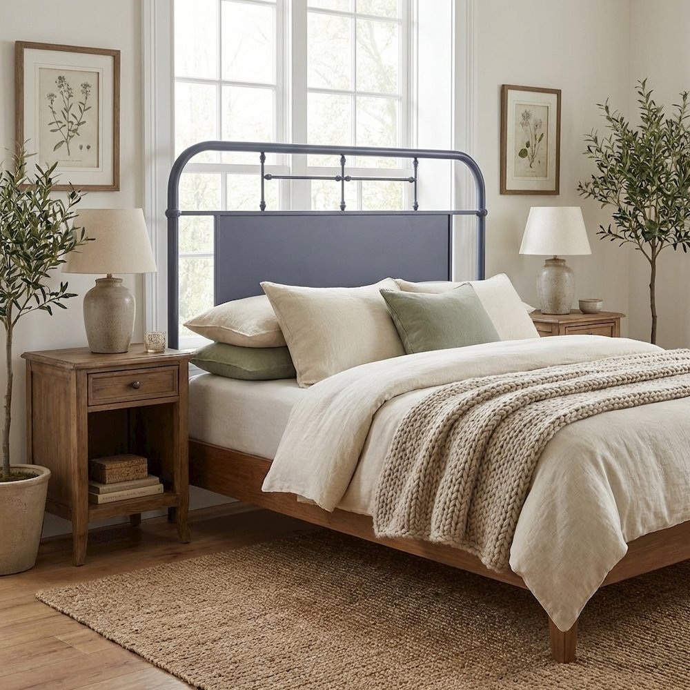 Distressed Metal Queen Metal Headboard with Vintage Design and Metal Tube Frame