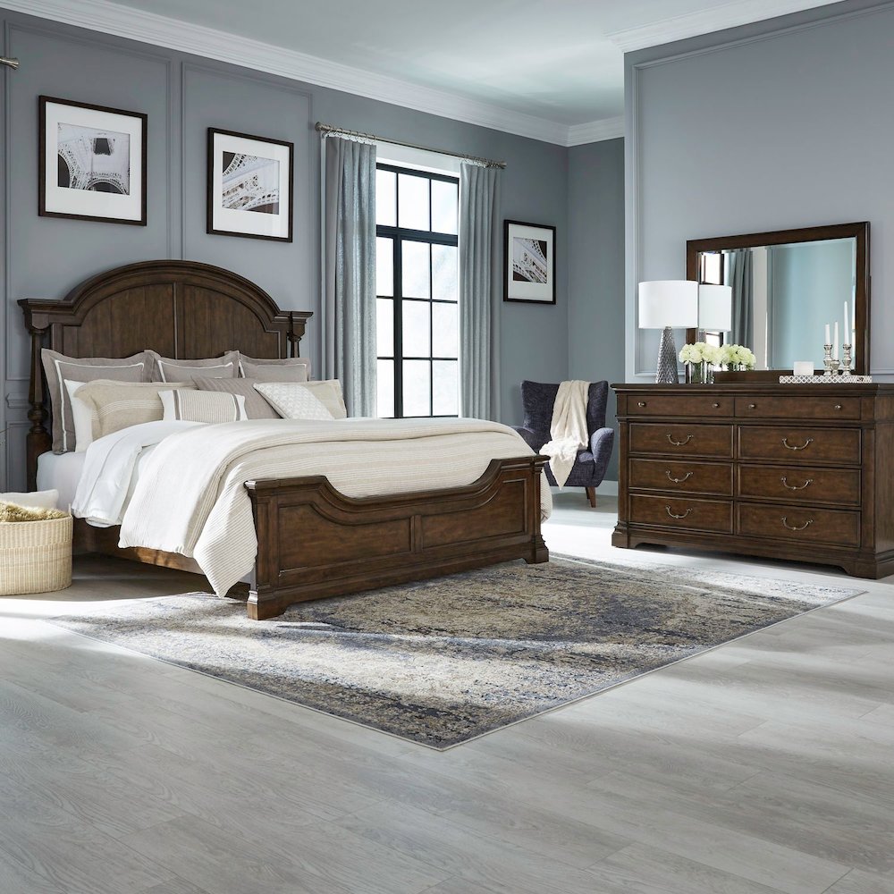 Arden Road Bedroom Set - King Poster Bed, Dresser & Mirror - Satin Cherry