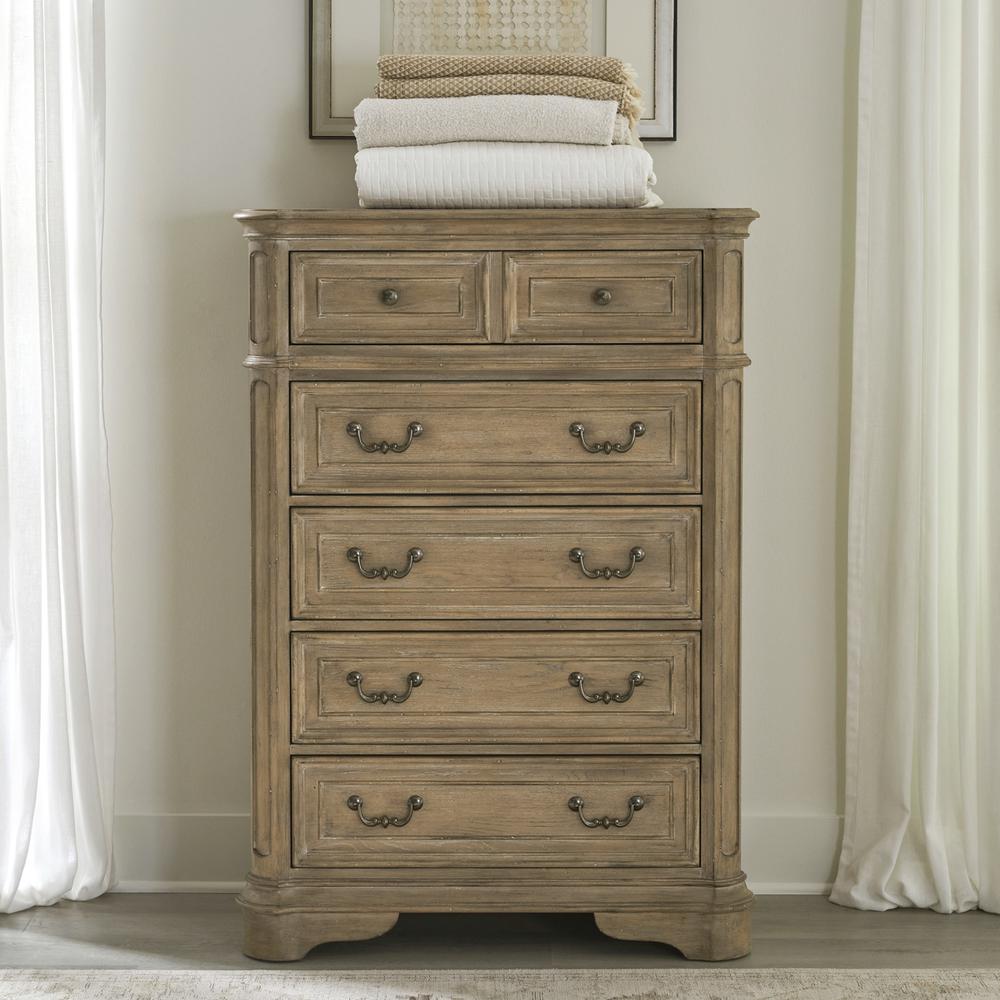 Magnolia Manor Queen Upholstered Bed, Dresser & Mirror - Weathered Bisque