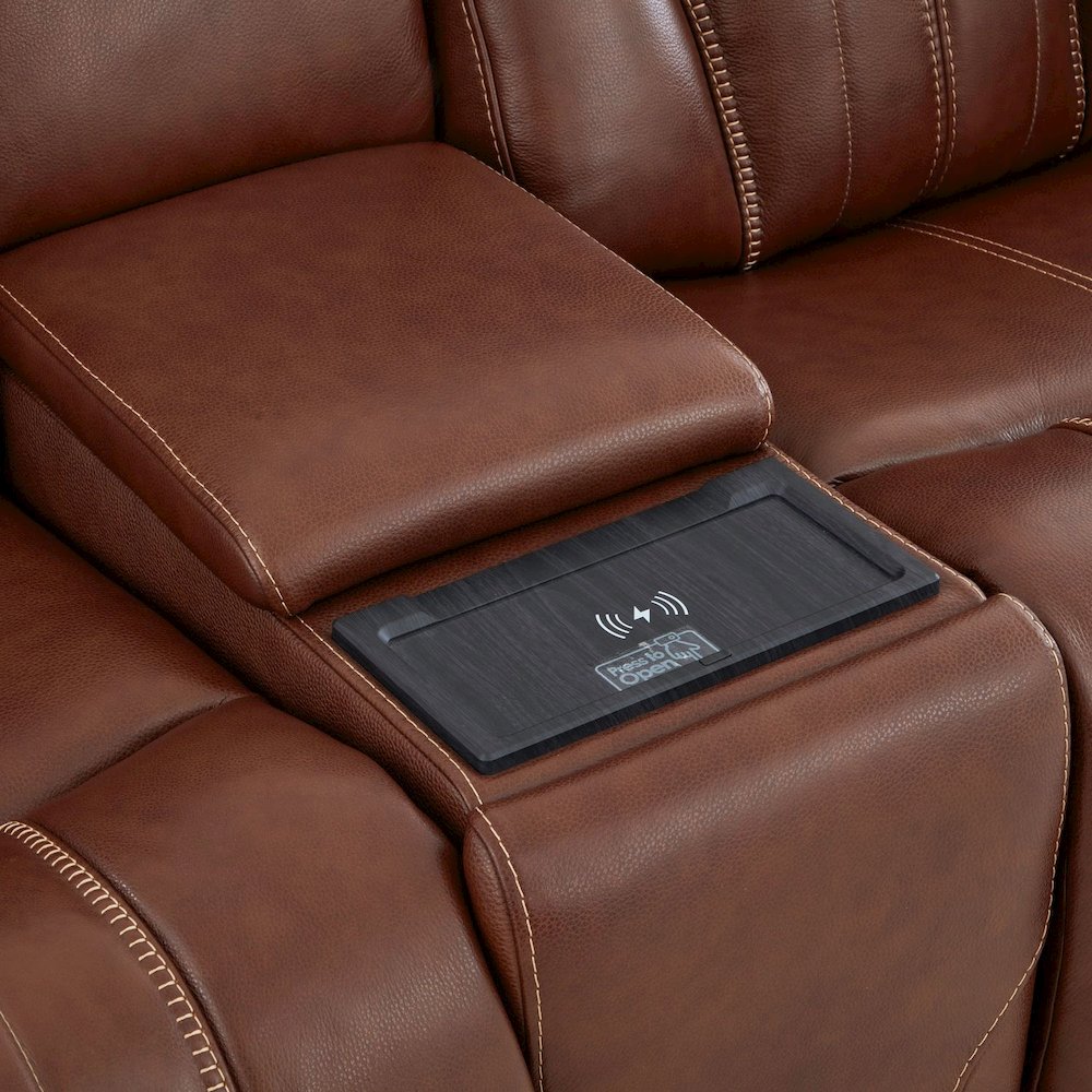 Power Recline Loveseat with Console, Charging Ports - Nature Chestnut Leather