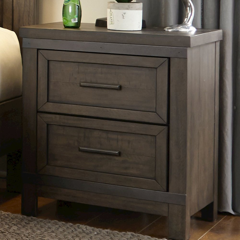 Thornwood Hills 2 Drawer Night Stand in Rock Beaten Brown w/ Saw Cuts