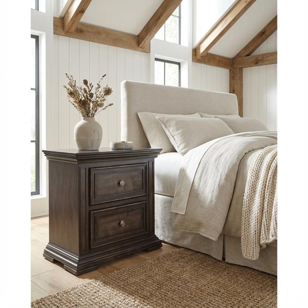 Brown Nightstand with Two Drawers and Charging Station for Bedroom Storage