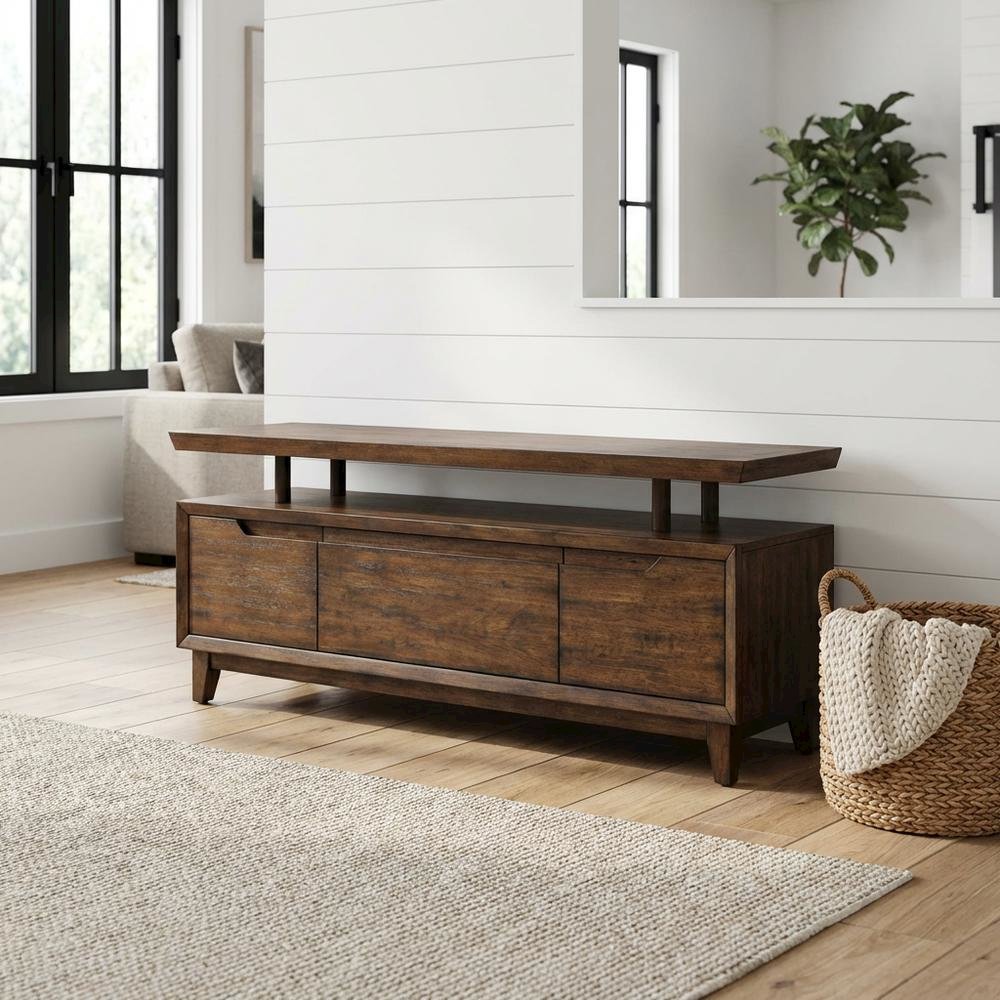 Bronze Spice TV Console with Solid and Manufactured Wood, Contemporary Style