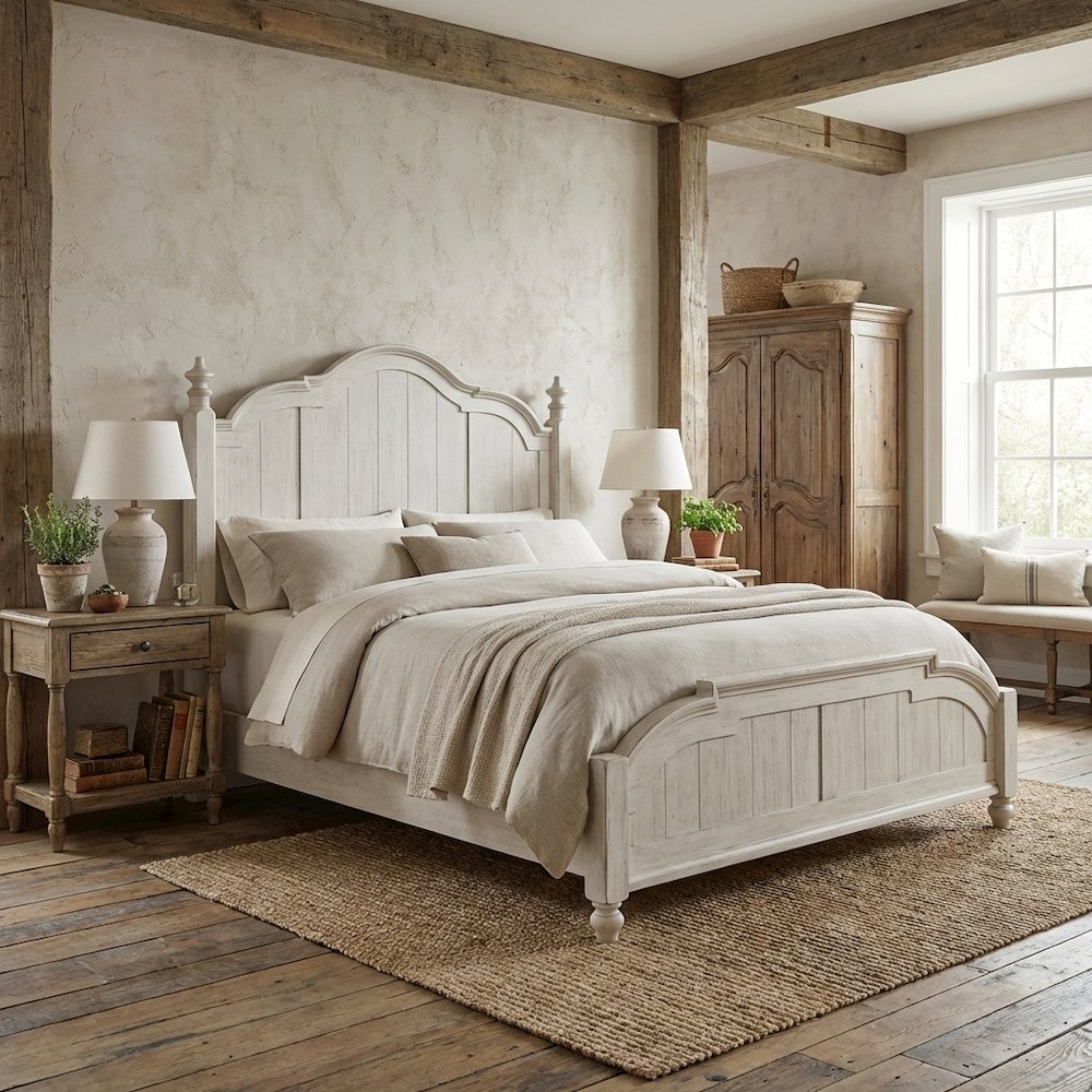 King Poster Headboard Antique White Chestnut Top Solid Wood Farmhouse Design