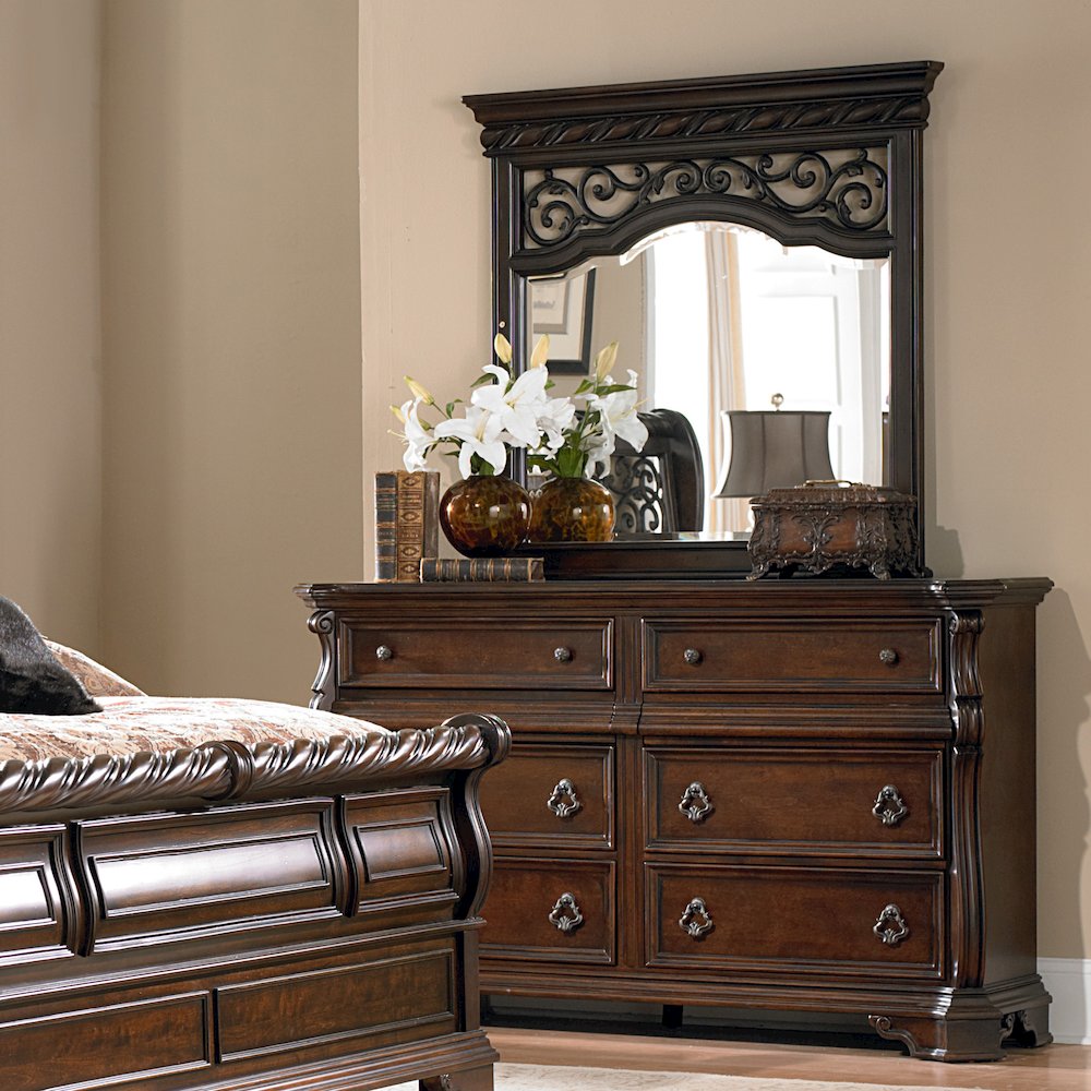 Arbor Place King California Sleigh Bed, Dresser & Mirror, Chest, Night Stand