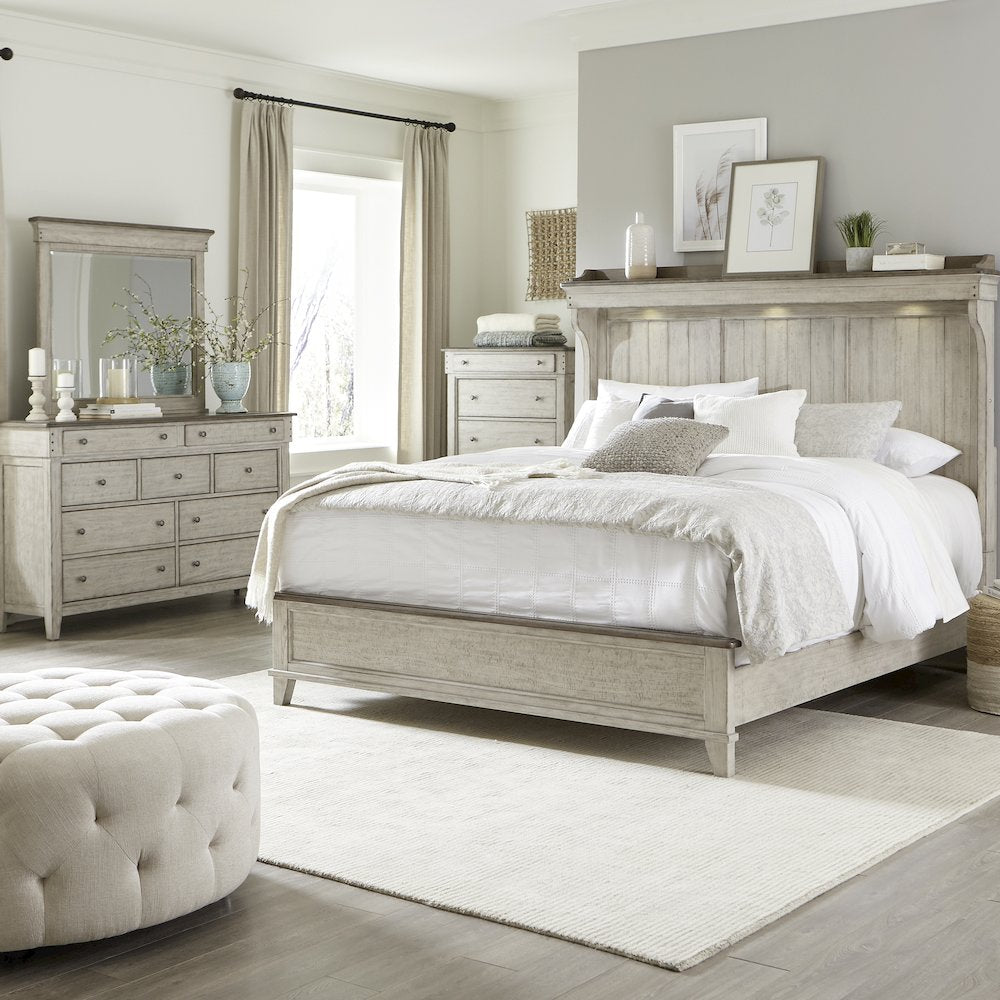 Queen Mantle Bed, Dresser & Mirror, Chest - Weathered Linen w/ Dusty Taupe Tops