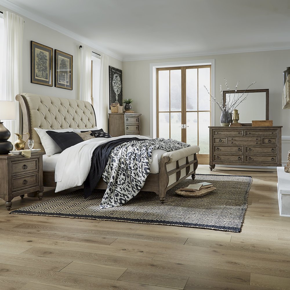 Americana Farmhouse King Sleigh Bed, Dresser & Mirror, Chest, N/S