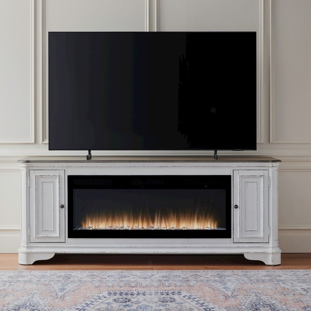 Heated LED Fireplace TV Consoles 82 Inch - Antique White & Weathered Bark