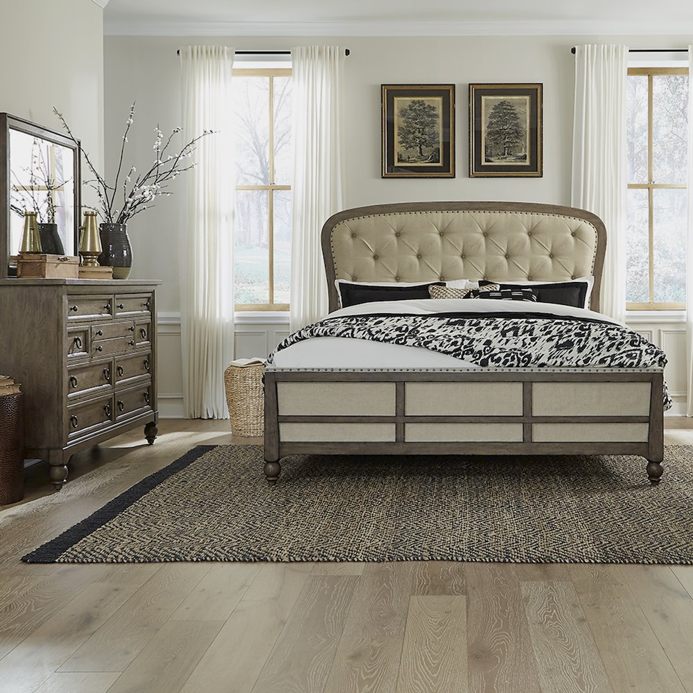 Americana Farmhouse Queen Shelter Bed, Dresser & Mirror - Dusty Taupe & Black