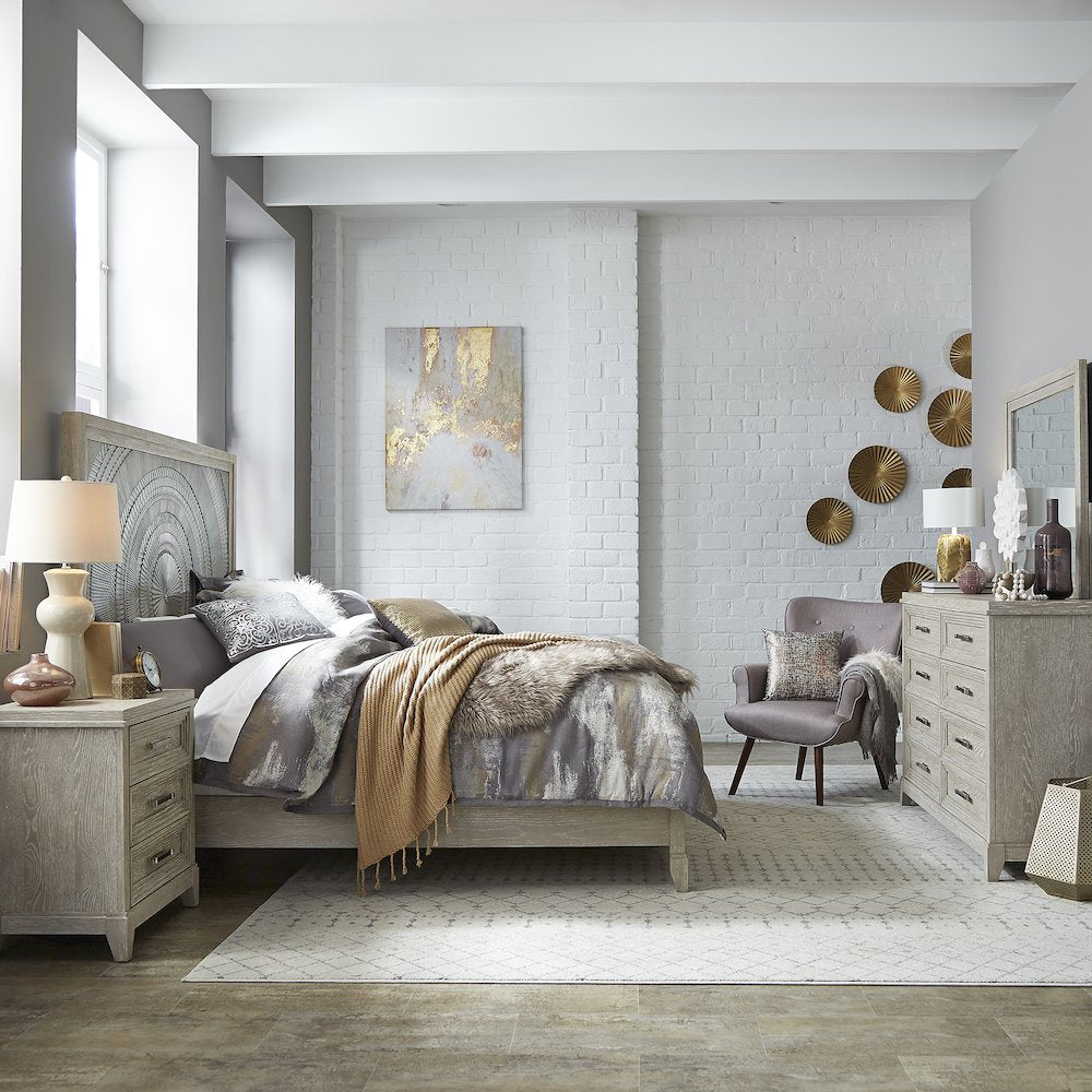 King Panel Bed, Dresser & Mirror, Night Stand
