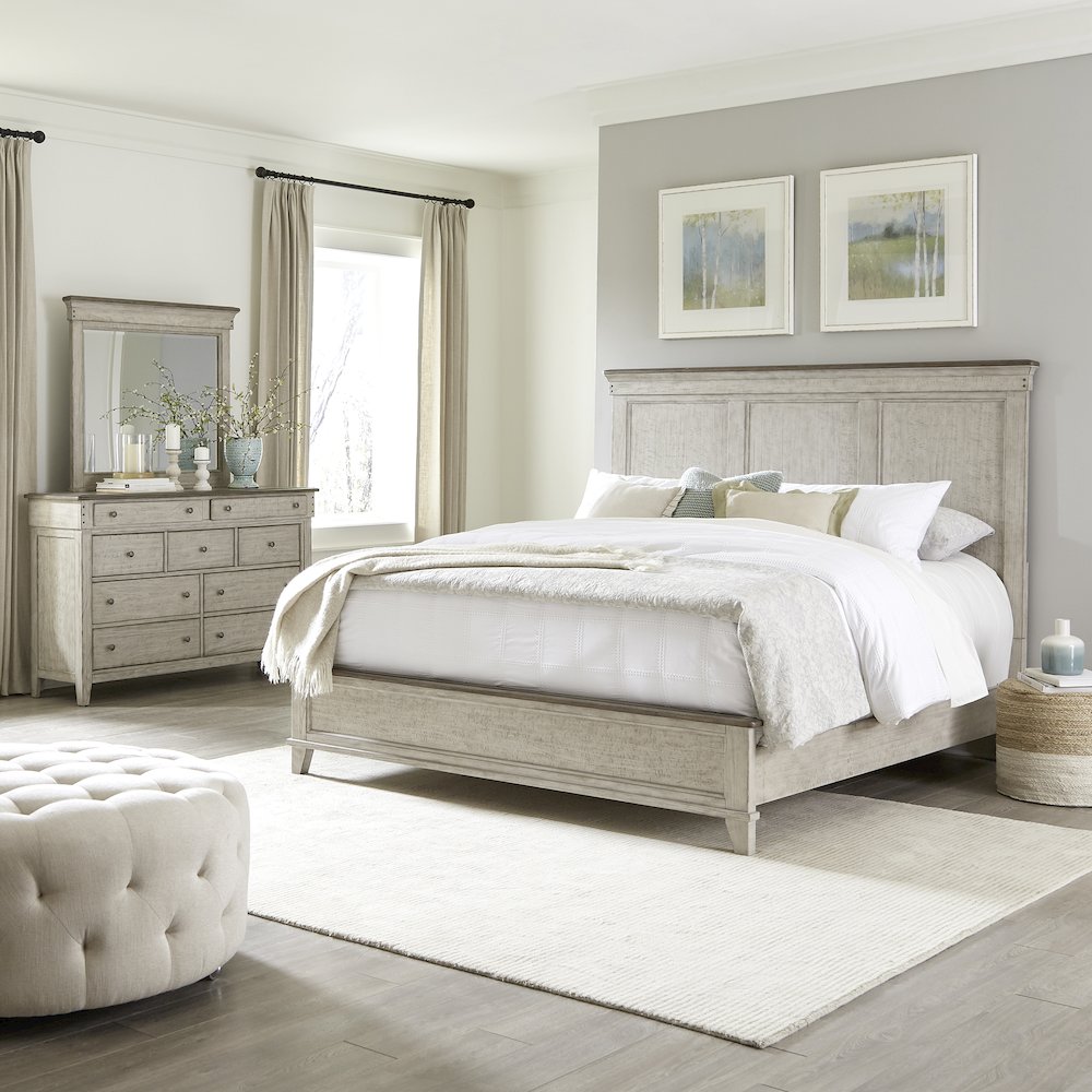 King Panel Bed, Dresser & Mirror in Poplar Solids w/ Pine & Alder Veneers