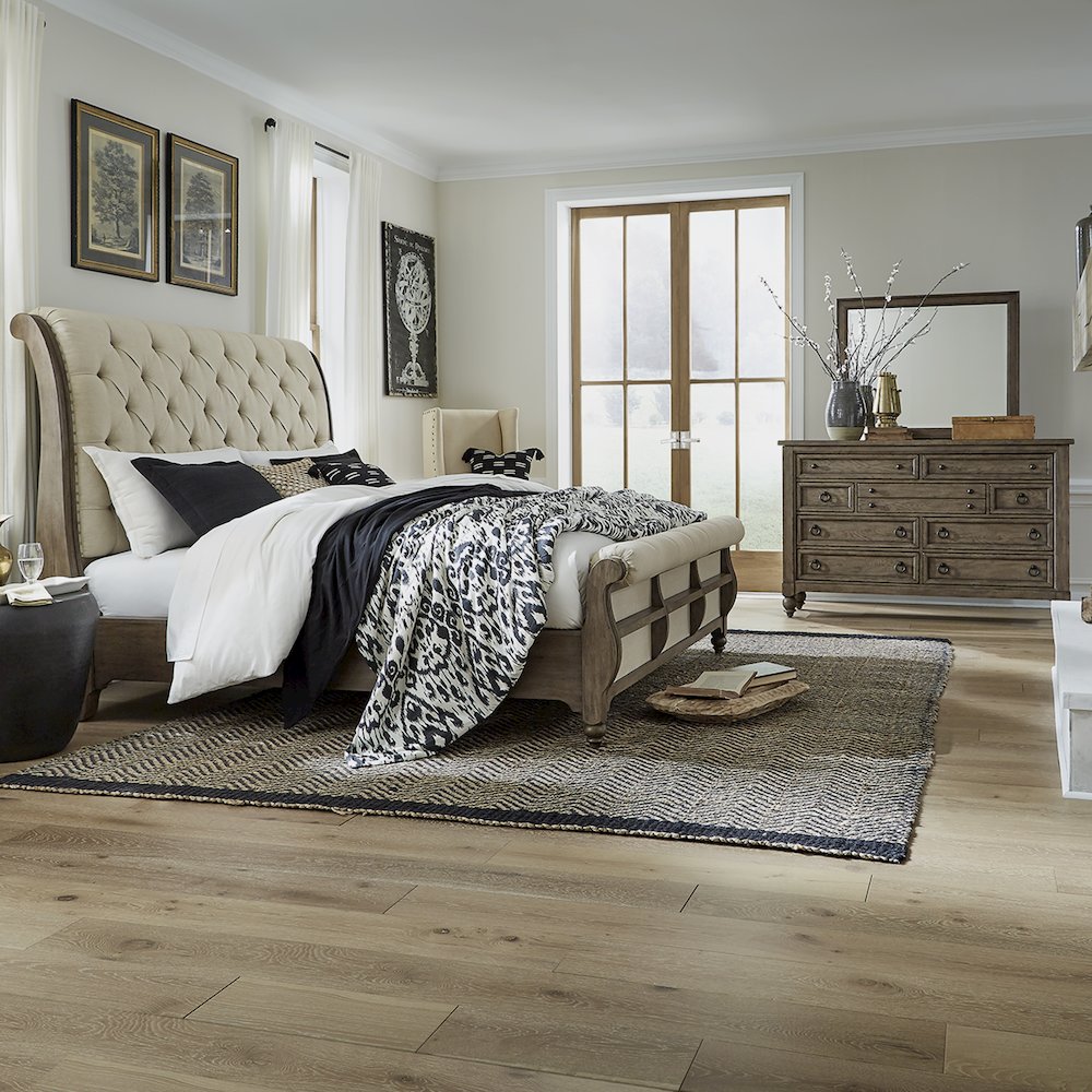 King Sleigh Bed, Dresser & Mirror in Poplar Solids w/ White Oak Veneers