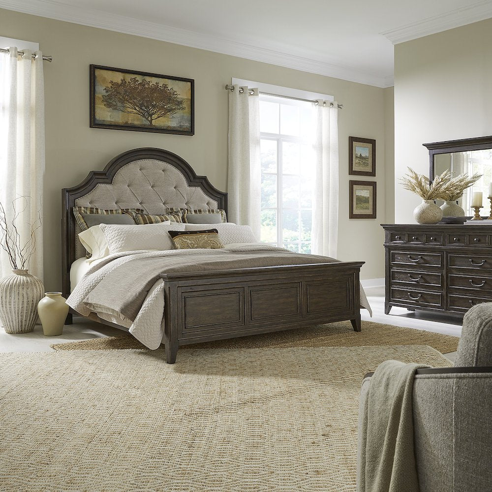 Paradise Valley Queen Upholstered Bed, Dresser & Mirror - Saddle Brown