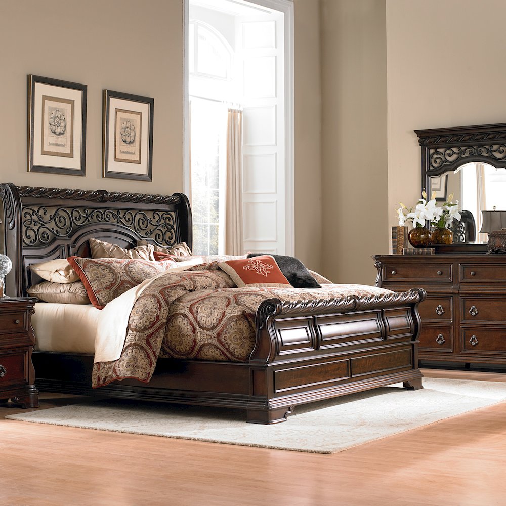 King Sleigh Bed, Dresser & Mirror in Poplar Solids & Birch Veneers & Metal
