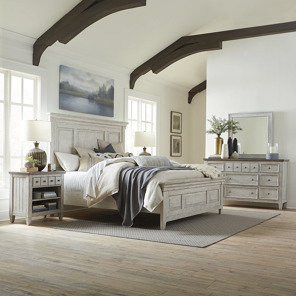 Queen Panel Bed, Dresser & Mirror, Night Stand - Antique White w/ Tobacco Tops