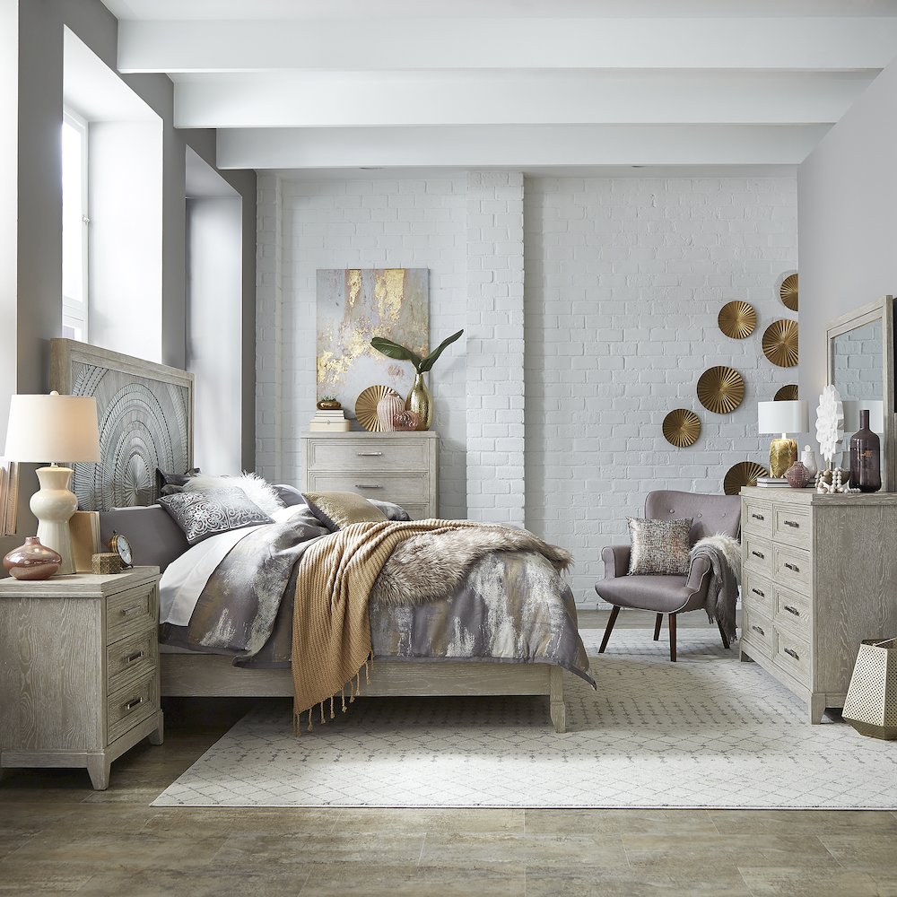 King Panel Bed, Dresser & Mirror, Chest, Night Stand