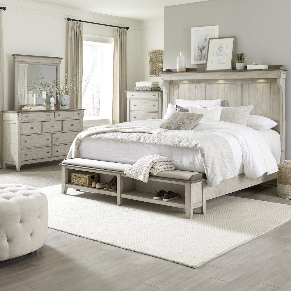 Queen Mantle Storage Bed, Dresser & Mirror, Chest - Linen w/ Dusty Taupe Tops