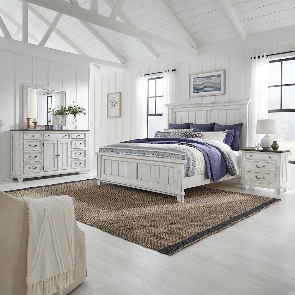 King Panel Bed, Dresser & Mirror, Night Stand - Riverstone White & Tobacco