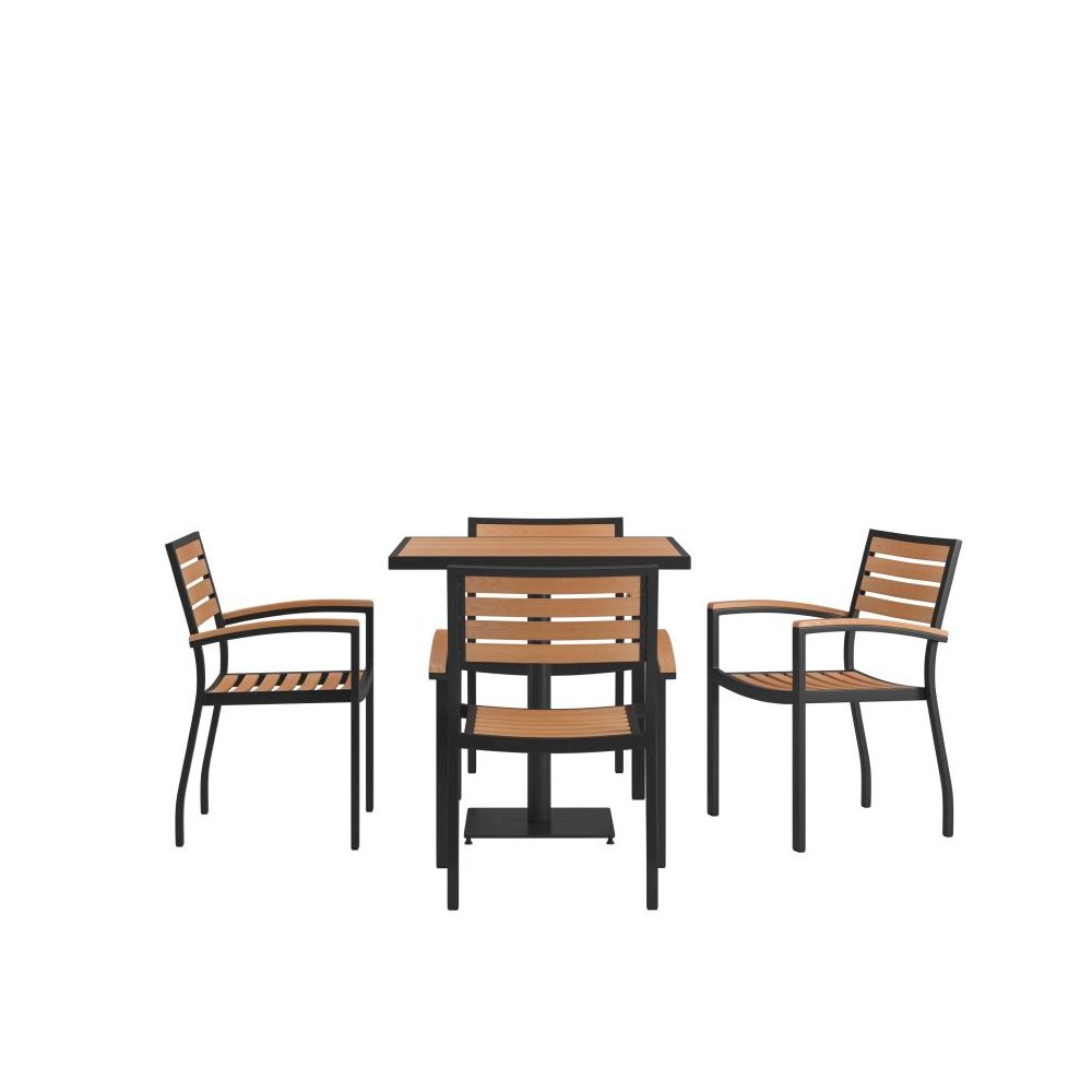 Indoor/Outdoor 5 Piece Patio Dining Table Set with 30" Square Faux Teak Table & 4 Stacking Club Chairs with Teak Accented Arms