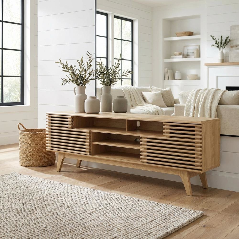 Wooden Brown TV Stand with Spacious Storage and Modern Design