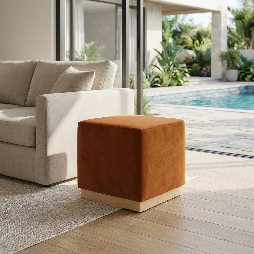 Square Performance Velvet Ottoman In Neutral Tone With Plush Upholstery