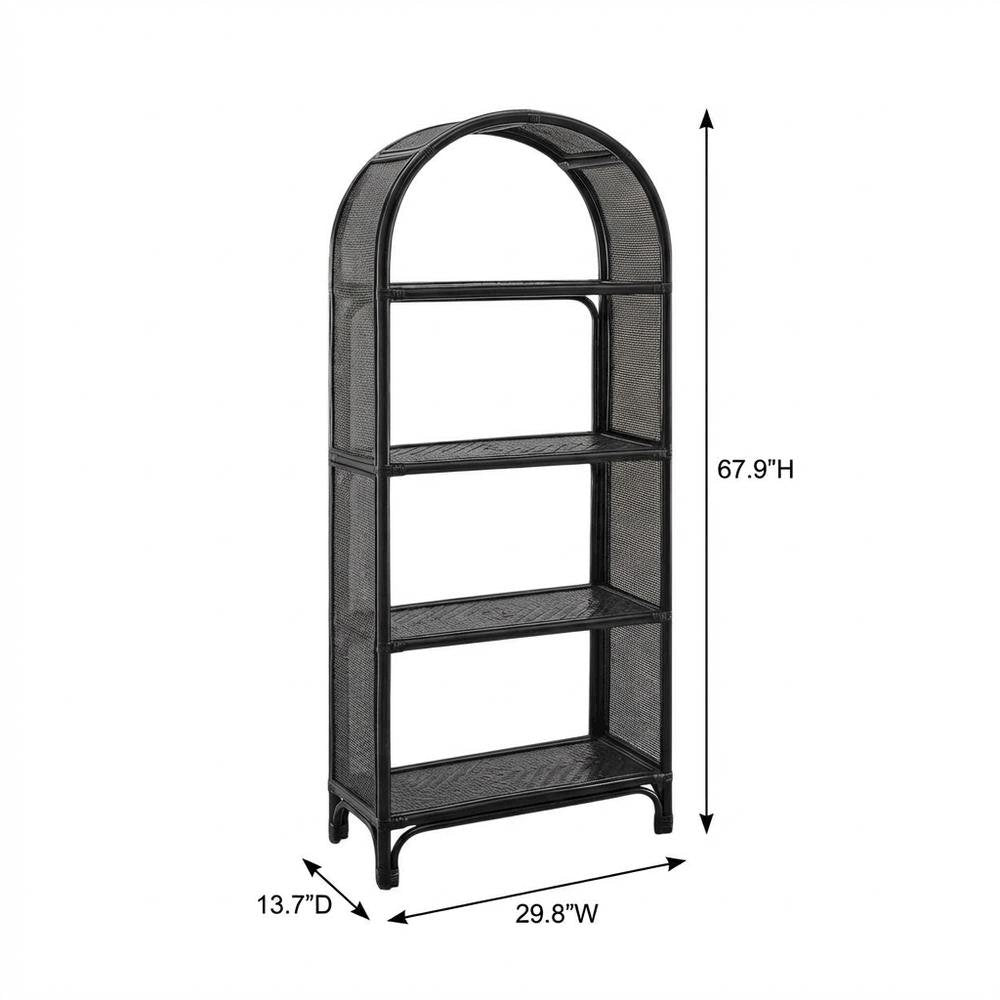 Black Arched Rattan Bookshelf with Slim Shelves and Natural Finish