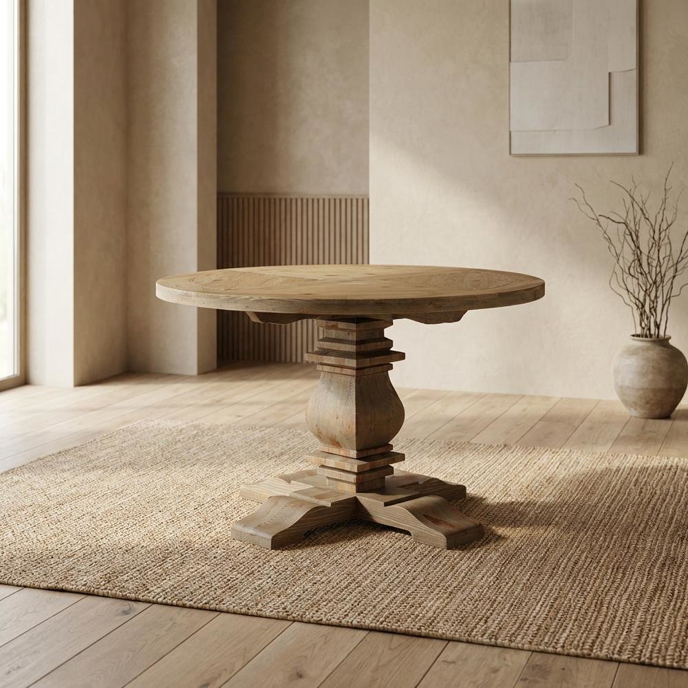 Brown Round Pine Wood Dining Table, Modern Farmhouse, Seats 4