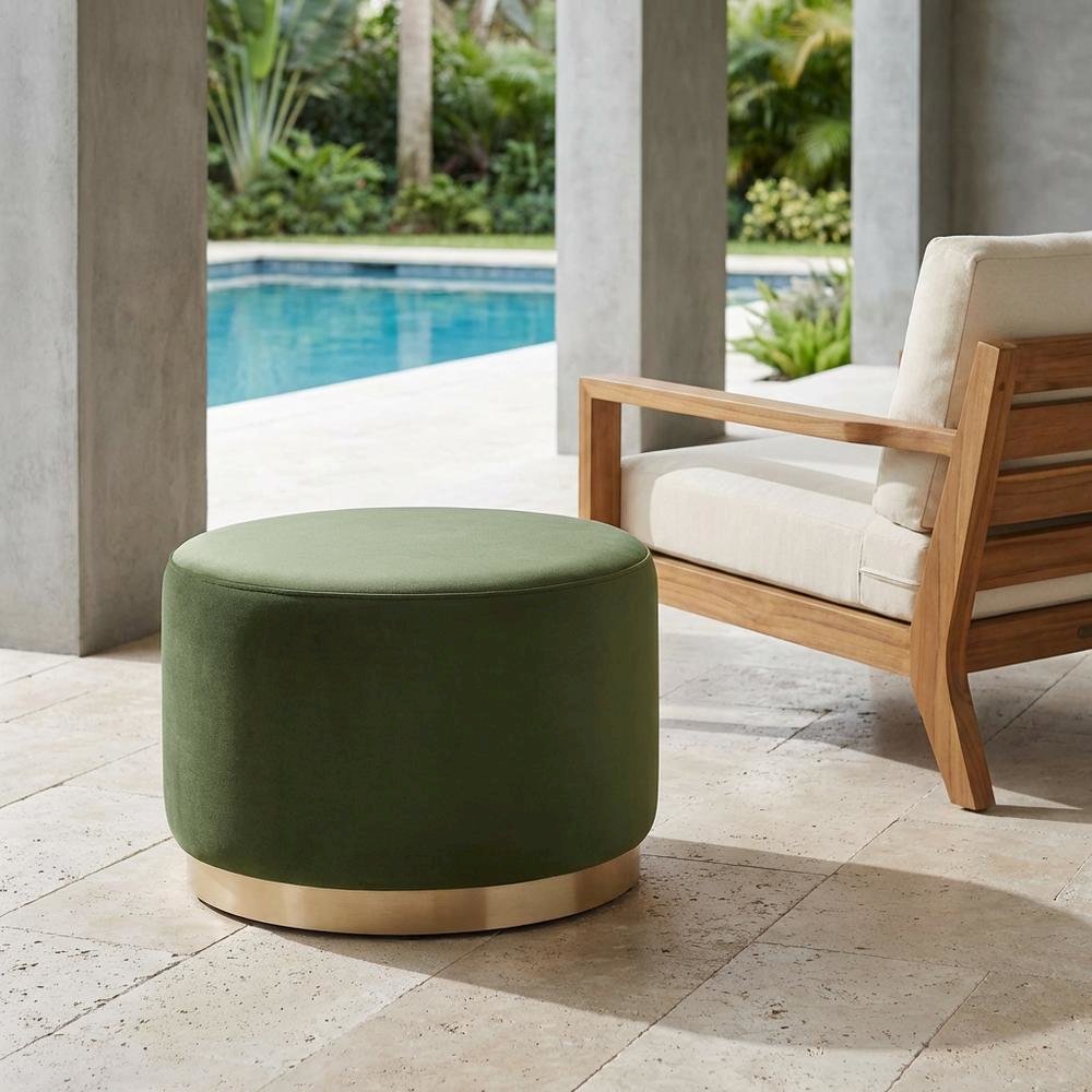 Performance Velvet Round Ottoman, Neutral Color, Plush Upholstery, Sturdy Base