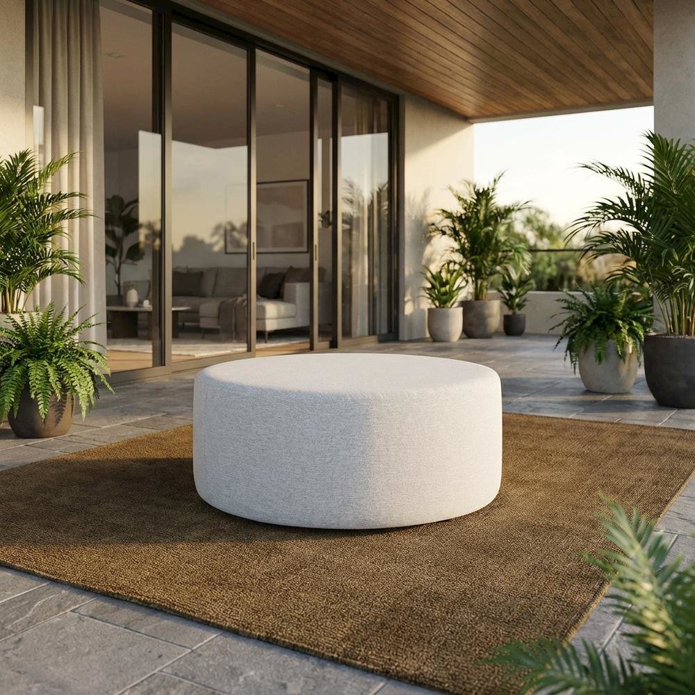 Woven Heathered Fabric Outdoor Ottoman In Neutral Tone For Patio Comfort