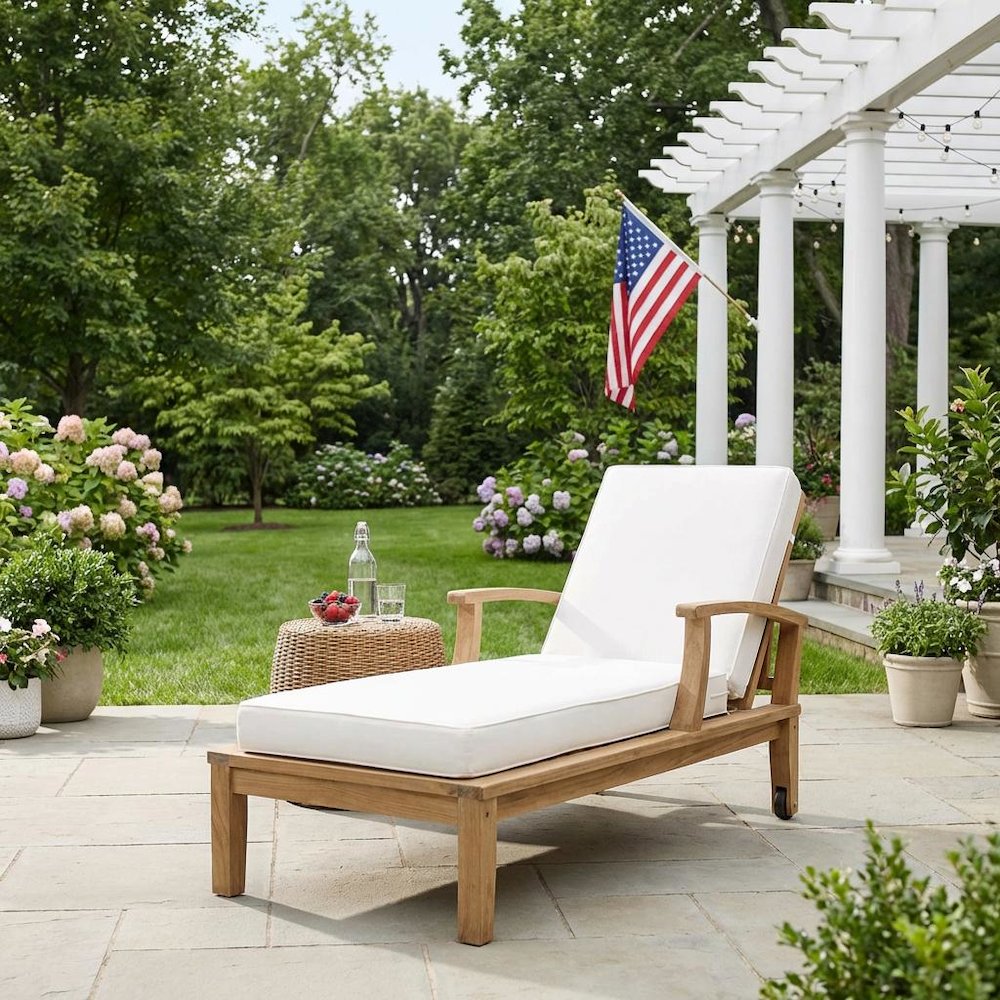 Outdoor Patio Teak Single Lounge Chair With Cushioned Seat And Armrests