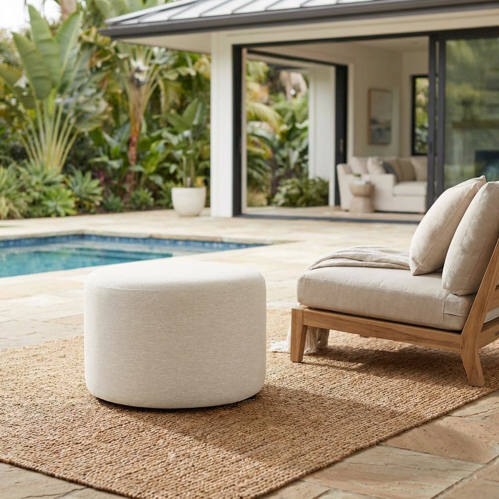 Woven Heathered Fabric Outdoor Ottoman with Cushioned Top in Neutral Tone
