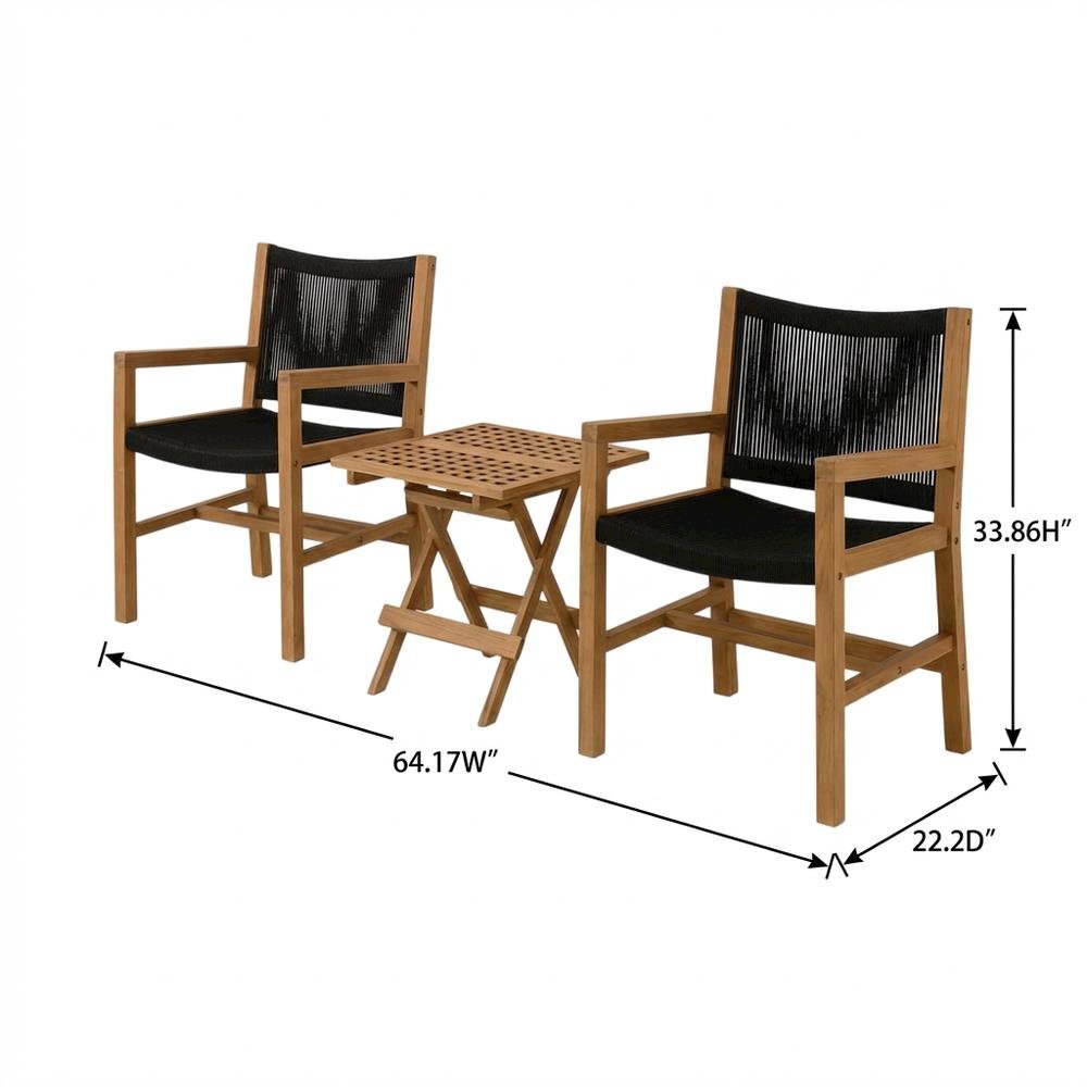3-Piece Outdoor Patio Teak And Rope Armchair Set With Folding Side Table