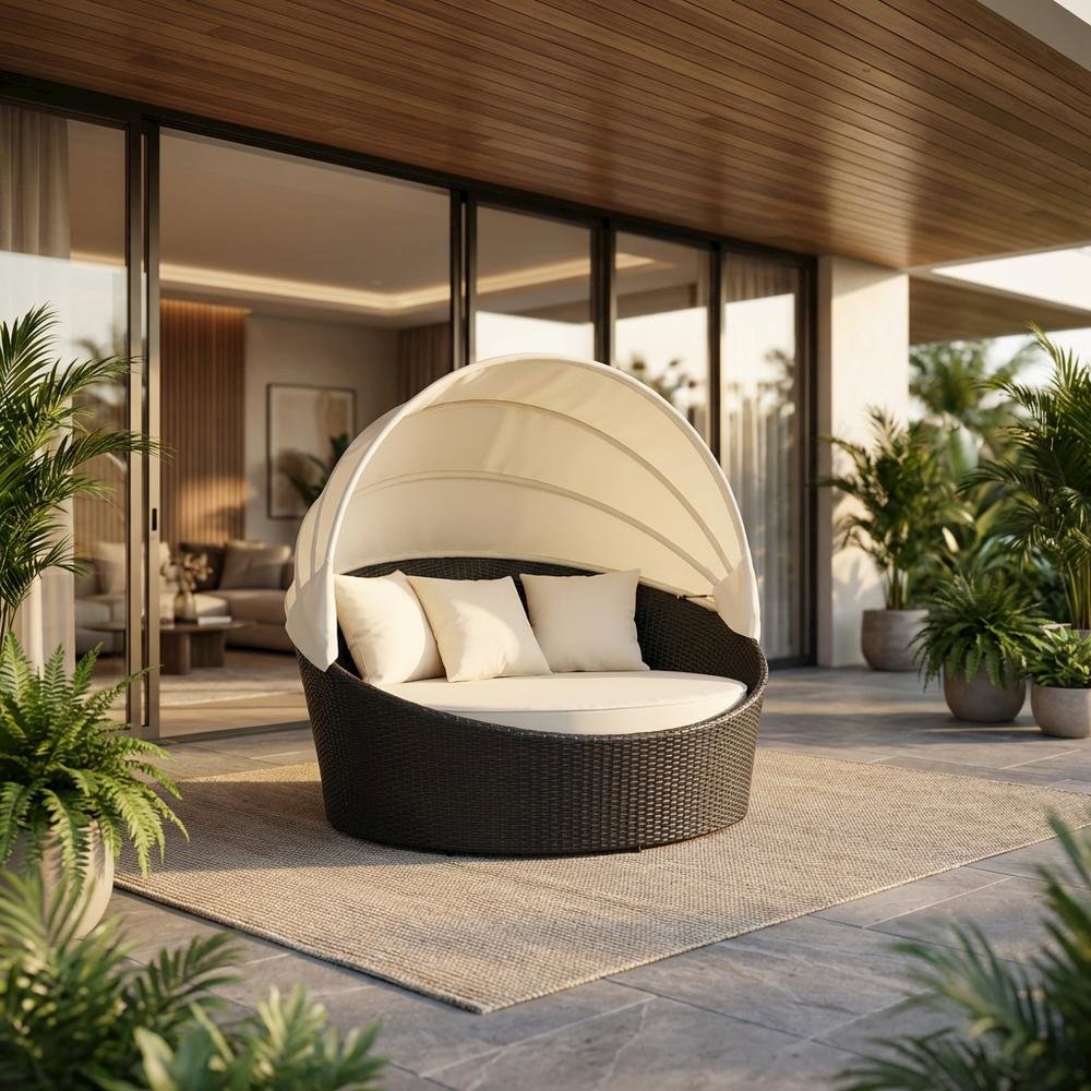 Outdoor Patio Daybed With Cushioned Seating And Armrests For Relaxation