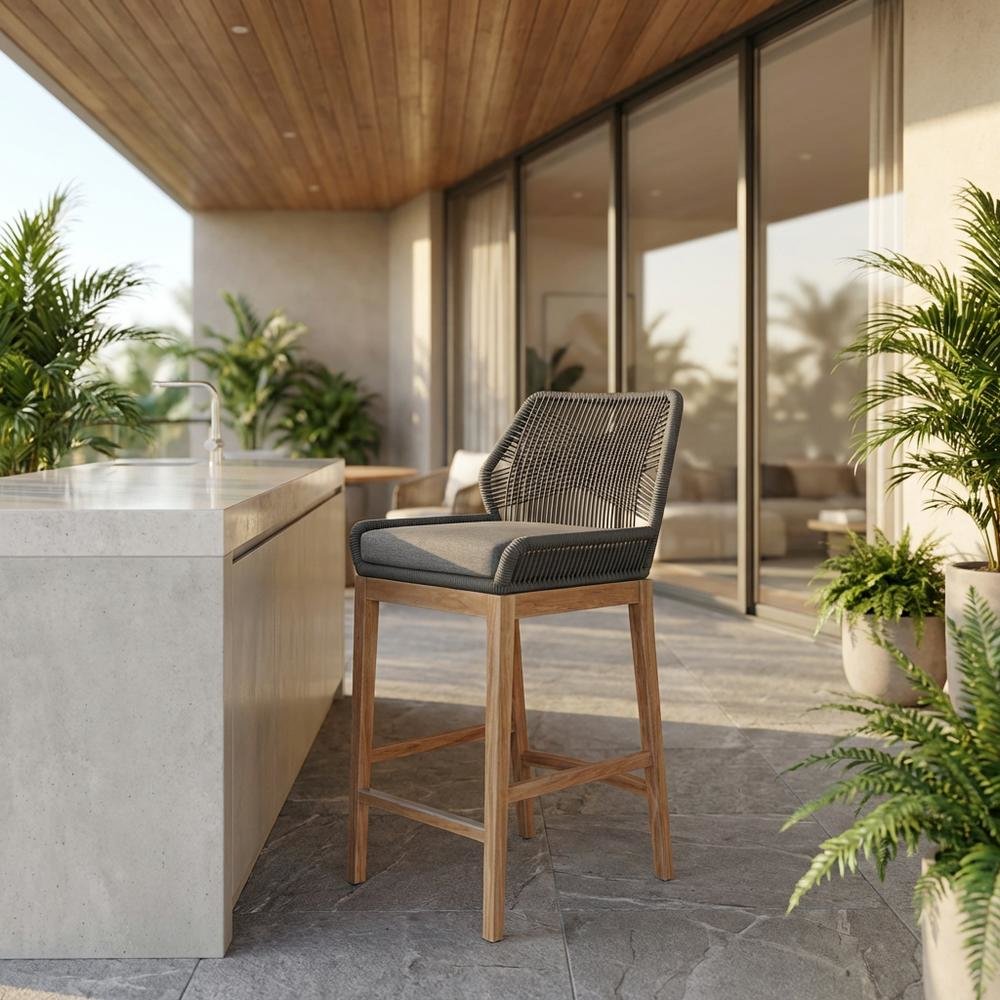 Teak Wood Outdoor Bar Stool With Footrest For Patio Dining