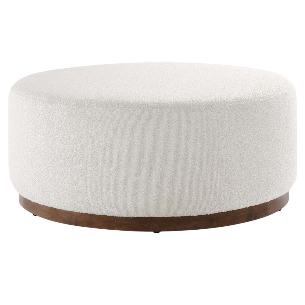 Round boucle upholstered outdoor ottoman with cushioned top, modern design