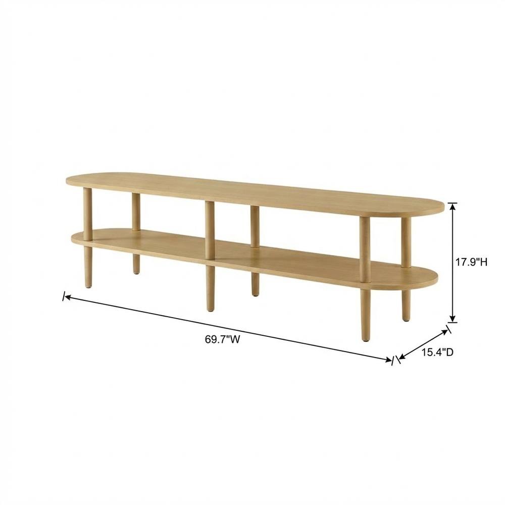 Brown wood TV stand with solid mango construction and oval design