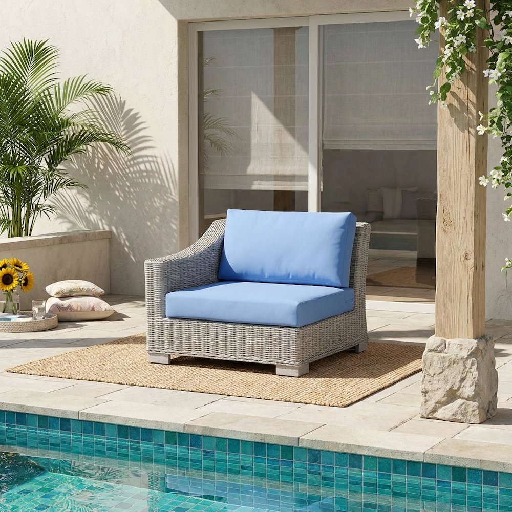 Outdoor Lounge Chair With Wicker Rattan Armrest In Neutral Finish