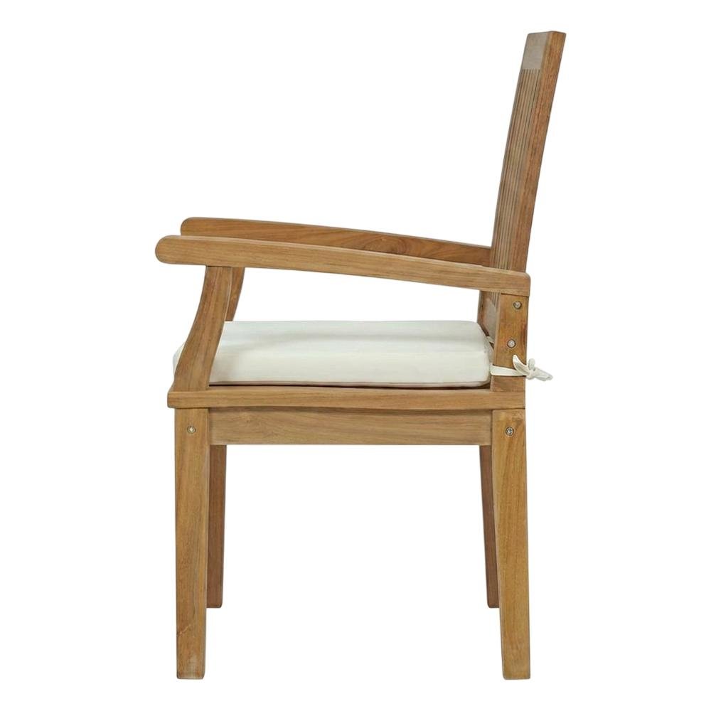 Teak Outdoor Dining Chair with Arms and Cushion for Patio Deck, Natural White