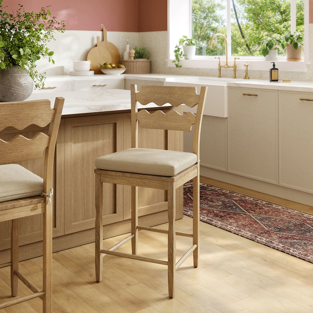 Jax Oak Wood Counter Stool With Wavy Razor Back and Cushion