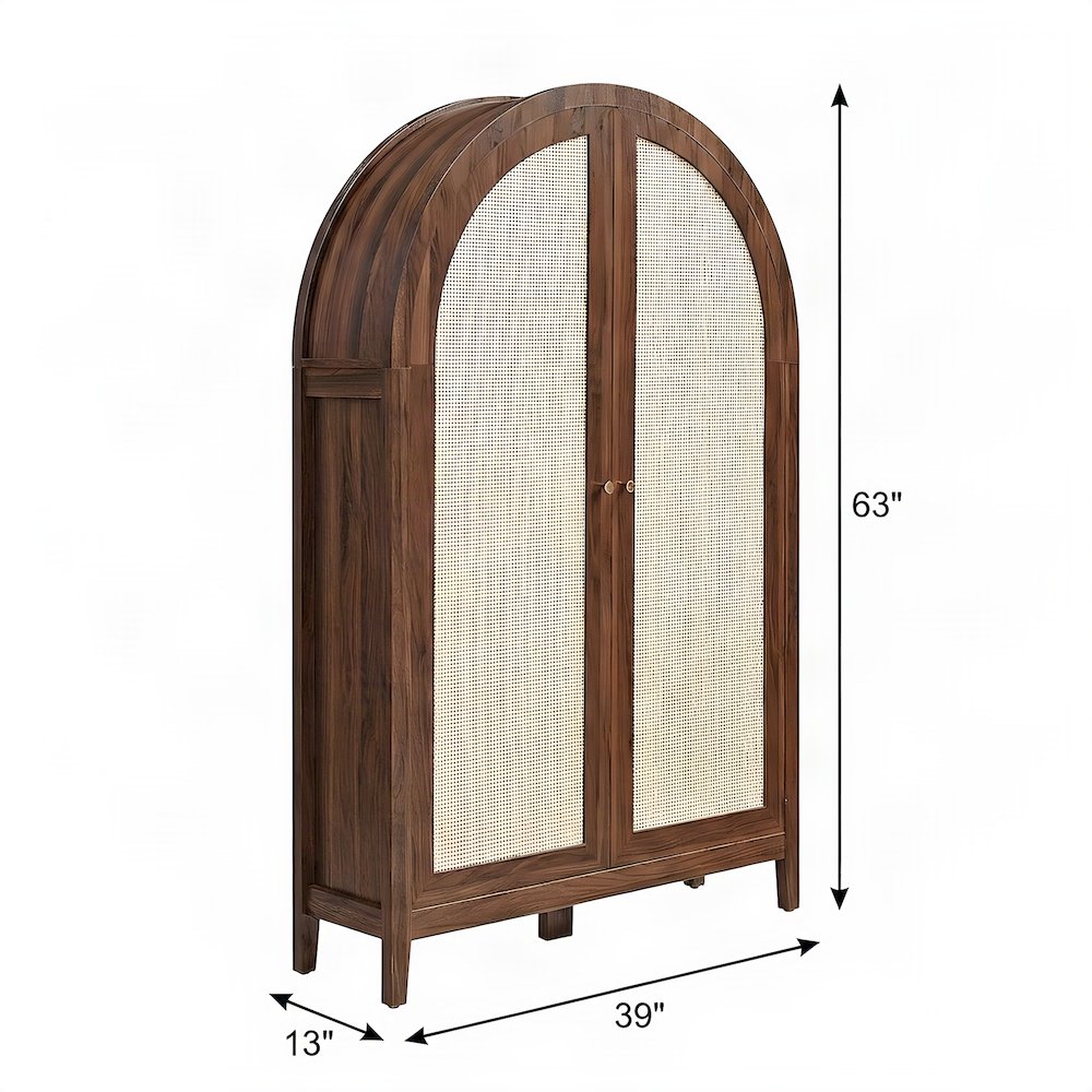 Tall Arched Rattan Wood Storage Cabinet with Hidden Folding Desk, Walnut
