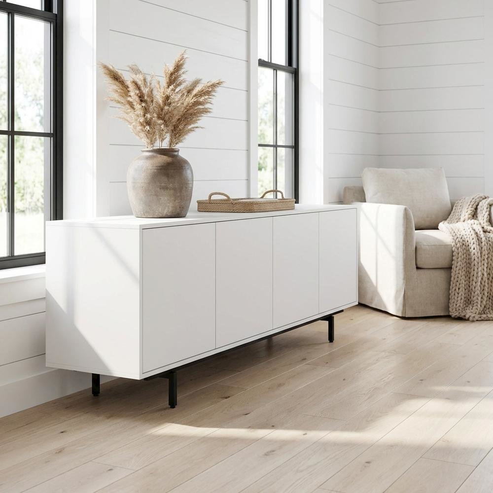 Modern White Laminate TV Console with 4 Doors in Engineered Wood